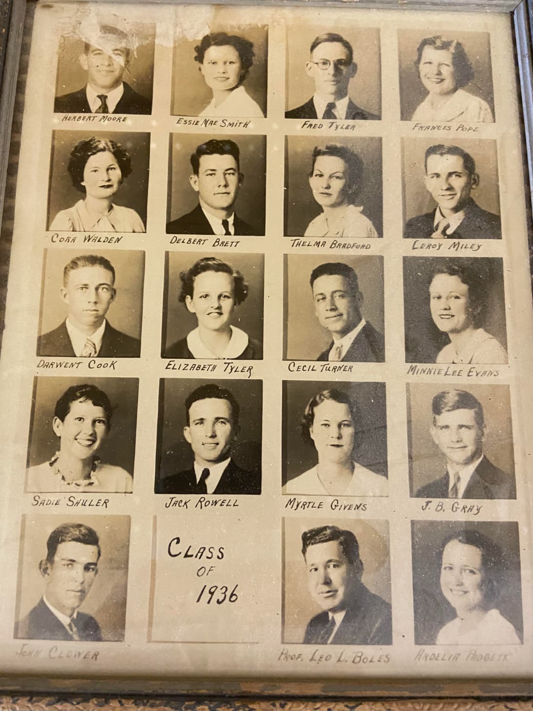 photograph - Herbert Moore Essie Mae Smith Fred Tyler Frances Pope Cora Walden Delbert Brett Thelma Bradford Leroy Miley Darwent Cook Elizabeth Tyler Cecil Turner Minnie Lee Evans Sadie Shuler Jack Rowell Myrtle Givens J. B. Gray To Clower Class Of 1936 P